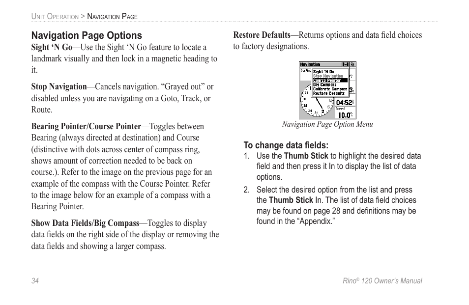 Navigation page options | Garmin Rino 120 User Manual | Page 40 / 124