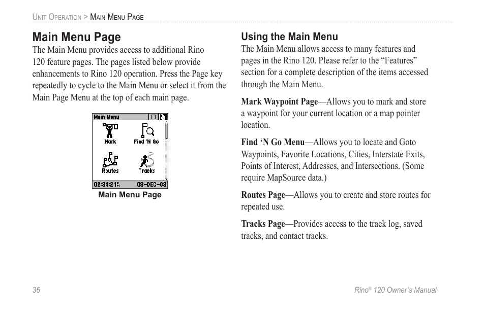 Using the main menu, Main menu page | Garmin Rino 120 User Manual | Page 42 / 124