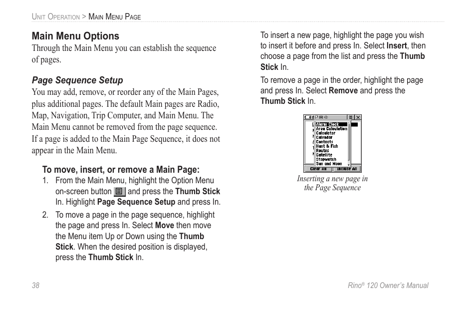 Main menu options | Garmin Rino 120 User Manual | Page 44 / 124