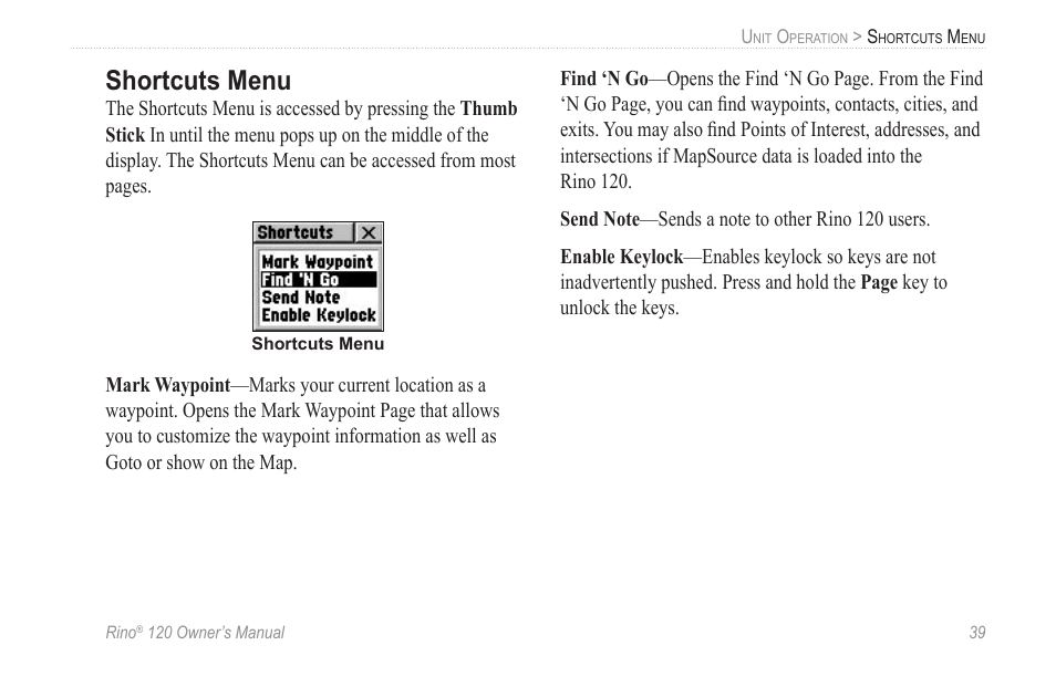 Shortcuts menu | Garmin Rino 120 User Manual | Page 45 / 124