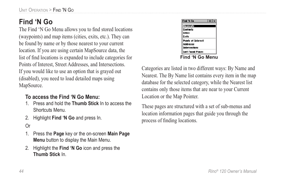 Find ‘n go | Garmin Rino 120 User Manual | Page 50 / 124