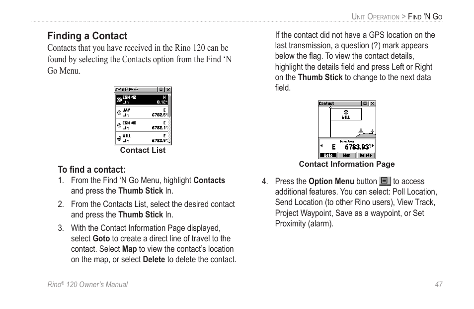 Finding a contact | Garmin Rino 120 User Manual | Page 53 / 124