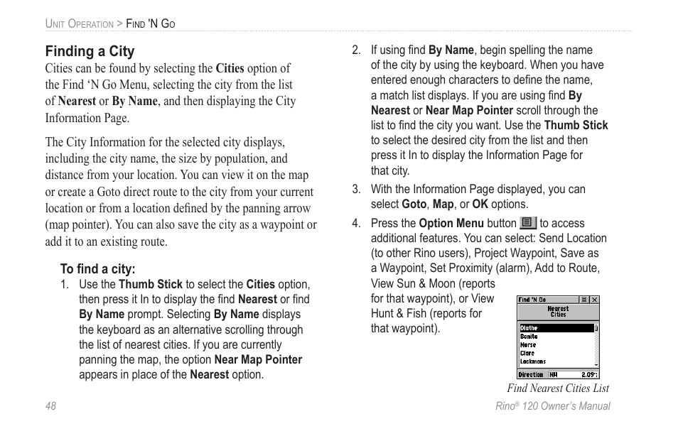 Finding a city | Garmin Rino 120 User Manual | Page 54 / 124