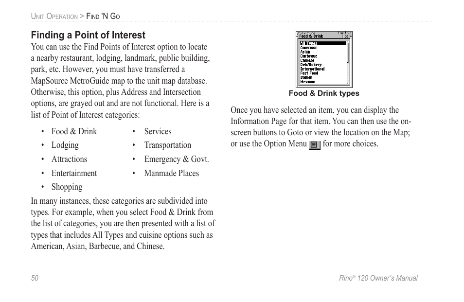 Finding a point of interest | Garmin Rino 120 User Manual | Page 56 / 124