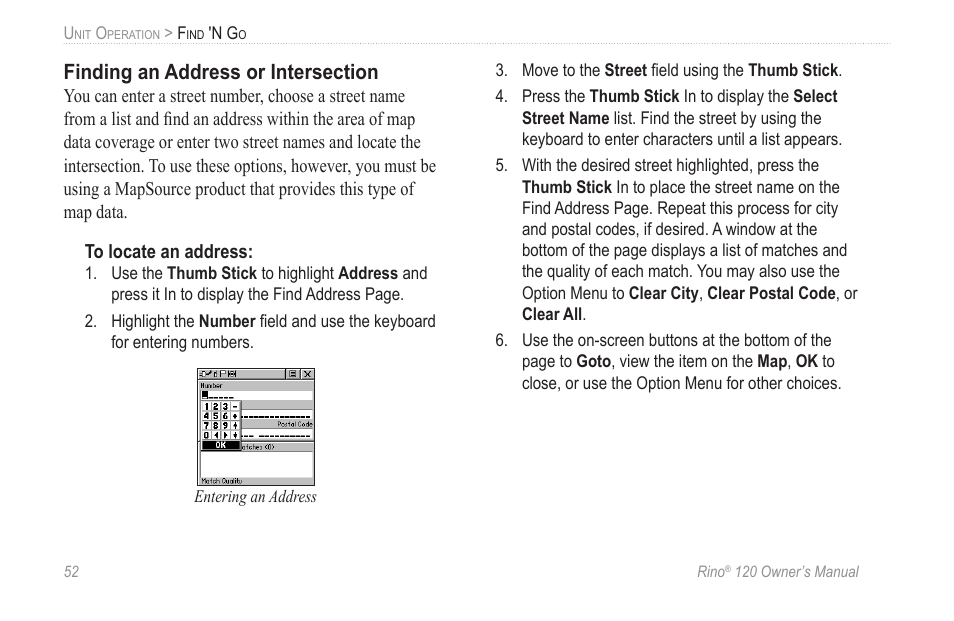 Finding an address or intersection | Garmin Rino 120 User Manual | Page 58 / 124