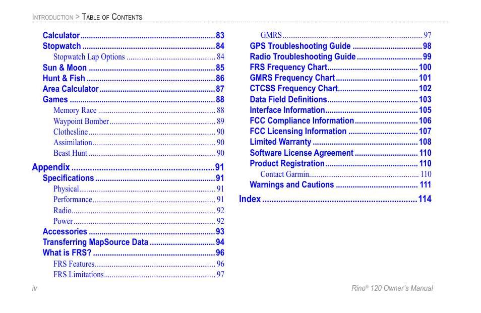 Garmin Rino 120 User Manual | Page 6 / 124