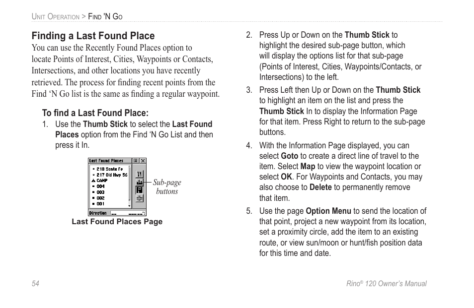 Finding a last found place | Garmin Rino 120 User Manual | Page 60 / 124