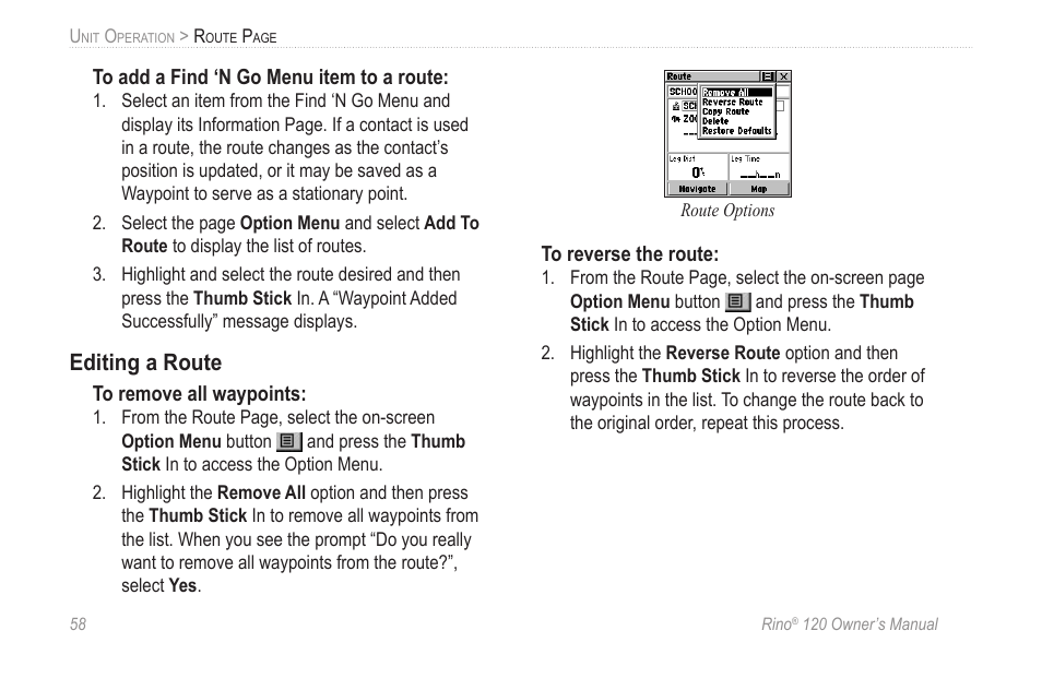 Editing a route | Garmin Rino 120 User Manual | Page 64 / 124