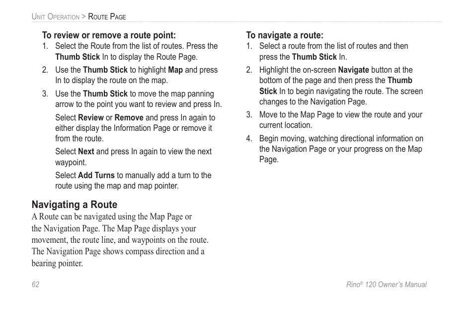 Navigating a route | Garmin Rino 120 User Manual | Page 68 / 124