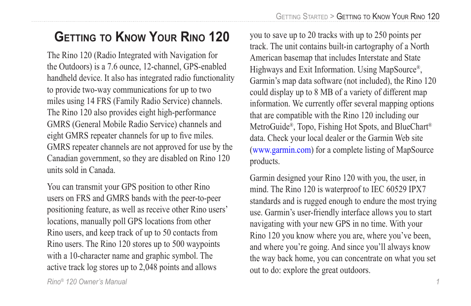 Getting to know your rino 120 | Garmin Rino 120 User Manual | Page 7 / 124