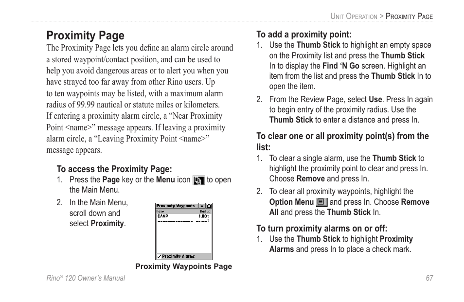 Proximity page | Garmin Rino 120 User Manual | Page 73 / 124