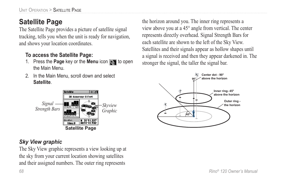 Sky view graphic, Satellite page | Garmin Rino 120 User Manual | Page 74 / 124