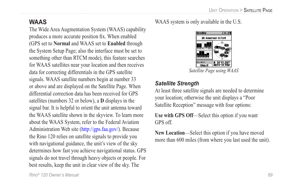 Waas, Satellite strength | Garmin Rino 120 User Manual | Page 75 / 124