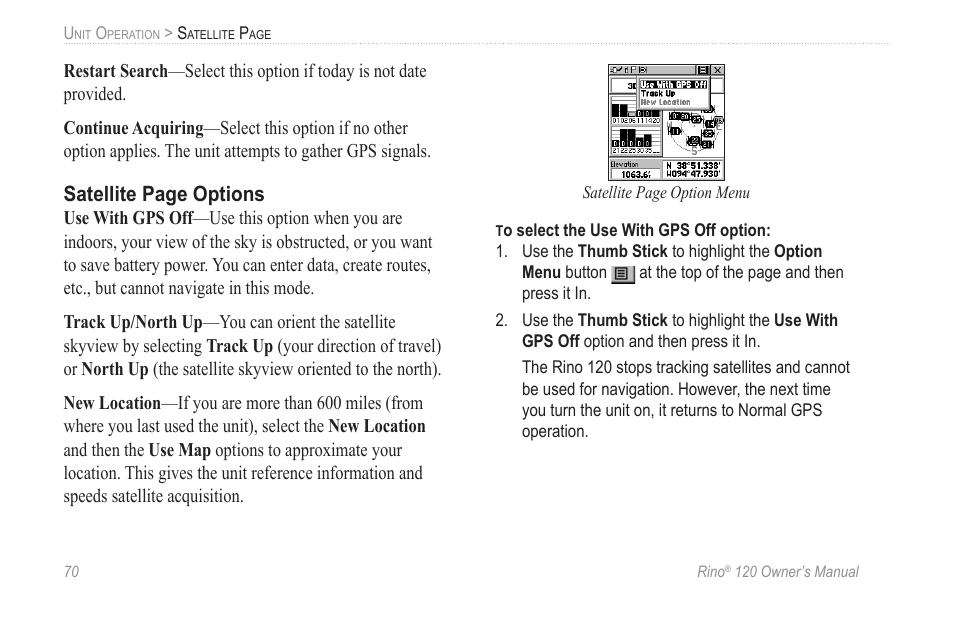 Satellite page options | Garmin Rino 120 User Manual | Page 76 / 124