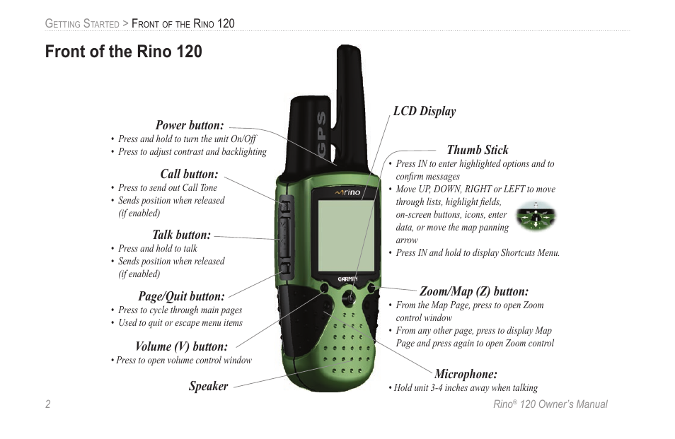 Front of the rino 120 | Garmin Rino 120 User Manual | Page 8 / 124