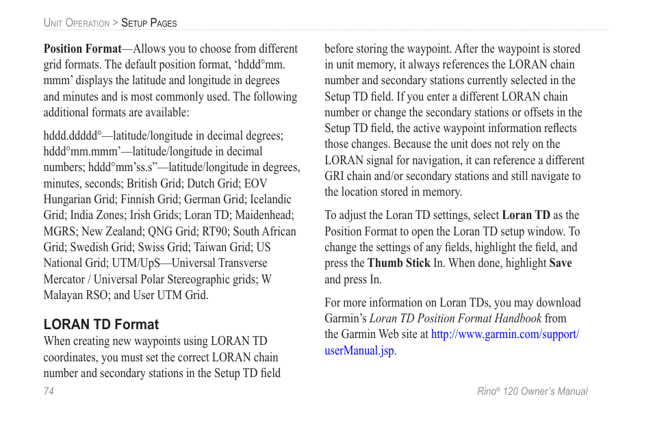 Loran td format | Garmin Rino 120 User Manual | Page 80 / 124