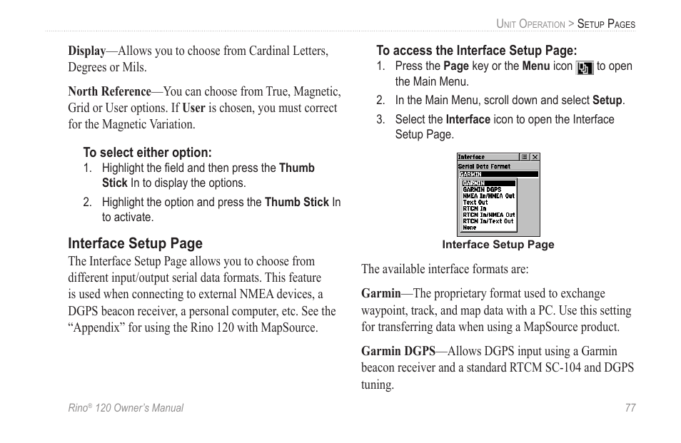 Interface setup page | Garmin Rino 120 User Manual | Page 83 / 124