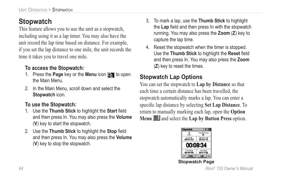 Stopwatch, Stopwatch lap options | Garmin Rino 120 User Manual | Page 90 / 124