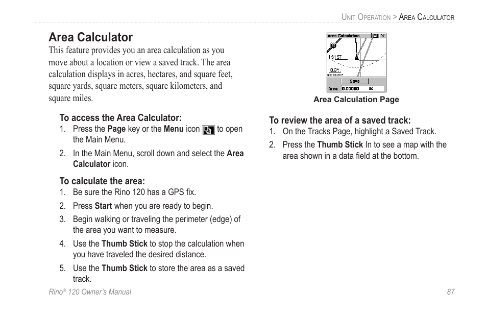 Area calculator | Garmin Rino 120 User Manual | Page 93 / 124