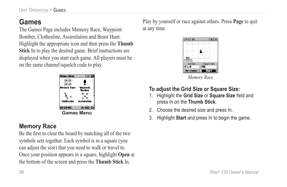 Games, Memory race | Garmin Rino 120 User Manual | Page 94 / 124