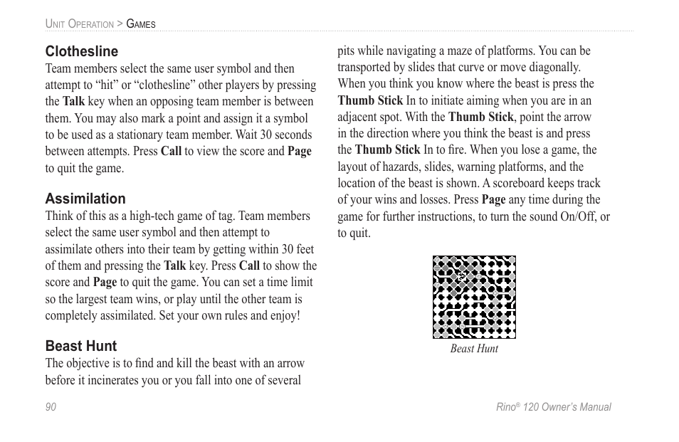 Clothesline, Assimilation, Beast hunt | Garmin Rino 120 User Manual | Page 96 / 124