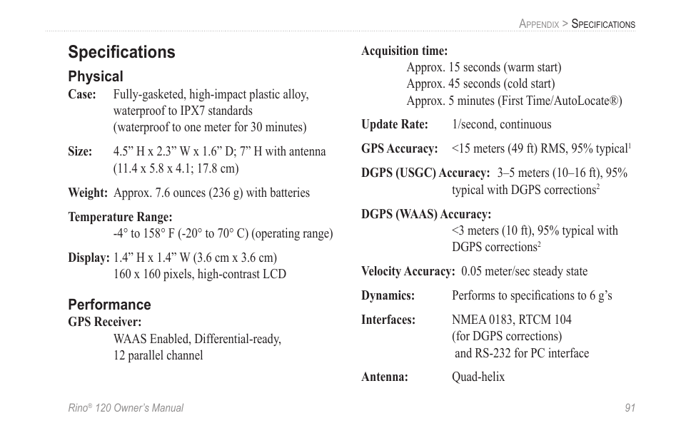 Appendix, Specifications, Physical | Performance, Speciﬁcations | Garmin Rino 120 User Manual | Page 97 / 124