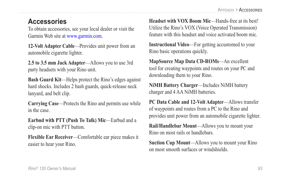 Accessories | Garmin Rino 120 User Manual | Page 99 / 124