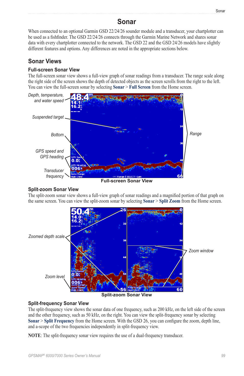 Sonar, Sonar views, Sonar module) | Garmin GPSMAP 7215 User Manual | Page 105 / 136