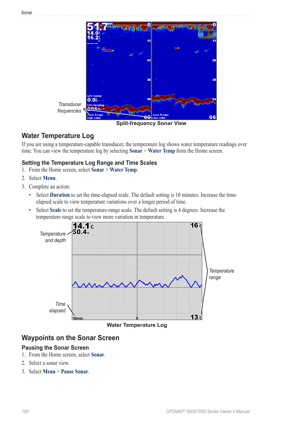 Water temperature log, Waypoints on the sonar screen | Garmin GPSMAP 7215 User Manual | Page 106 / 136