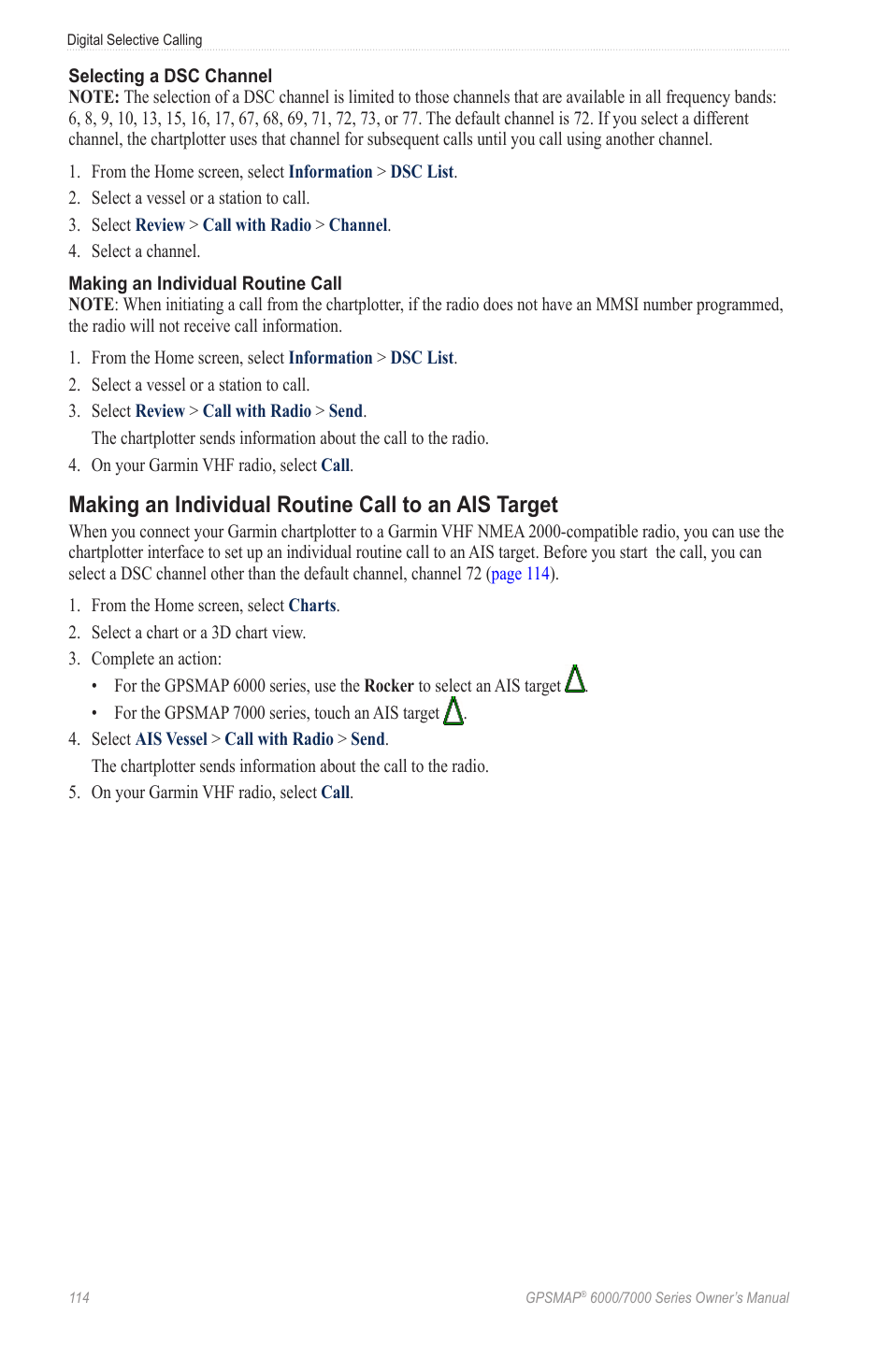 Making an individual routine call to an ais target, Making an individual routine call to an ais, Target | See “making an individual routine call | Garmin GPSMAP 7215 User Manual | Page 120 / 136