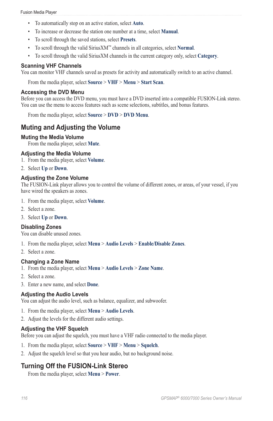 Muting and adjusting the volume, Turning off the fusion-link stereo | Garmin GPSMAP 7215 User Manual | Page 122 / 136