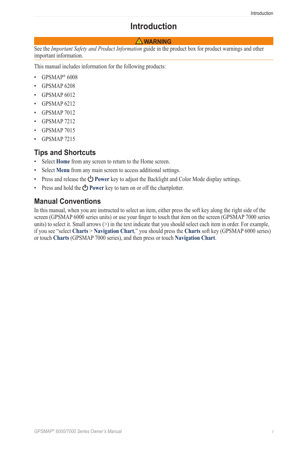 Introduction, Tips and shortcuts, Manual conventions | Garmin GPSMAP 7215 User Manual | Page 3 / 136