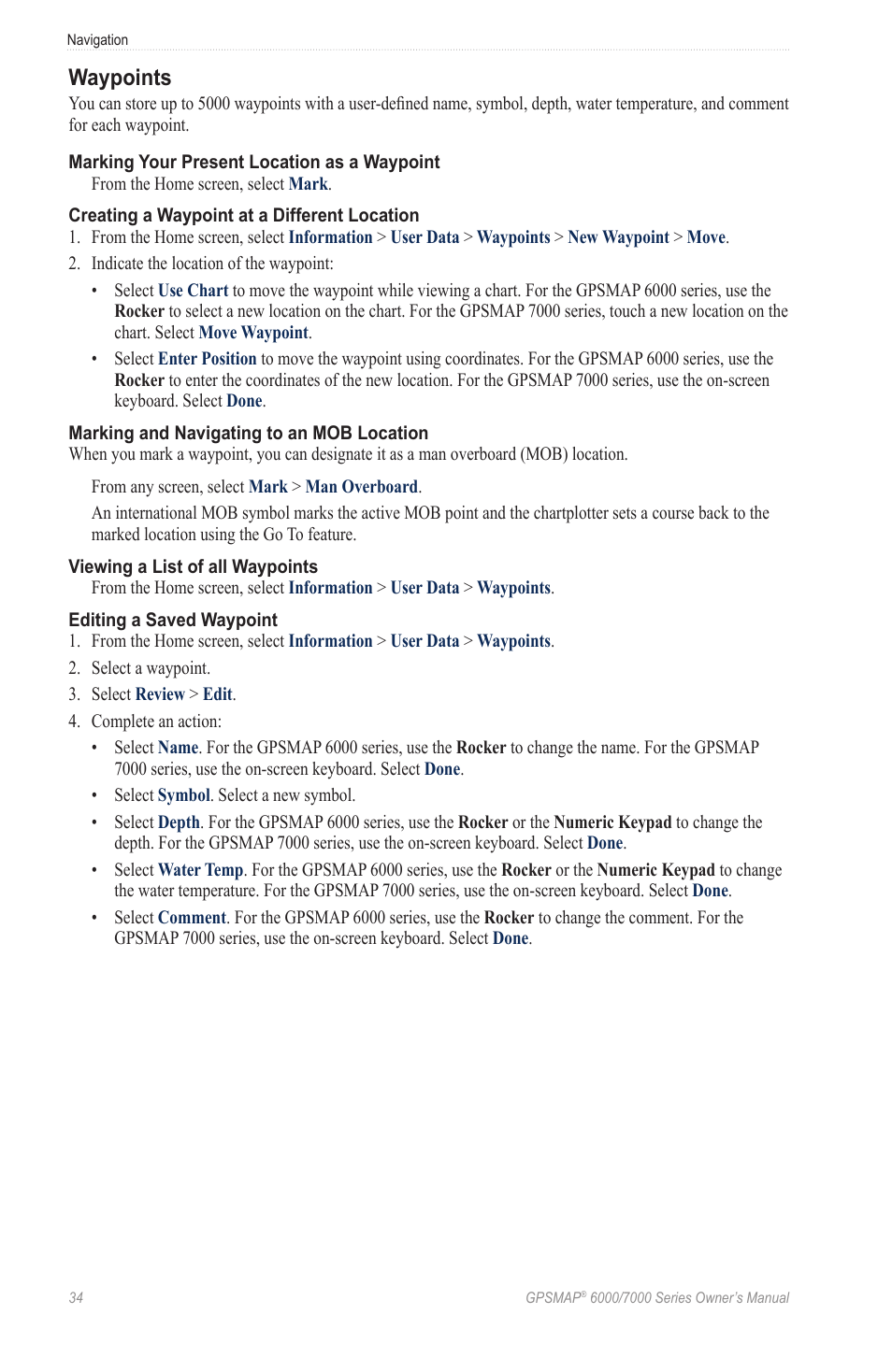 Waypoints, Aypoints, Or “t | Garmin GPSMAP 7215 User Manual | Page 40 / 136