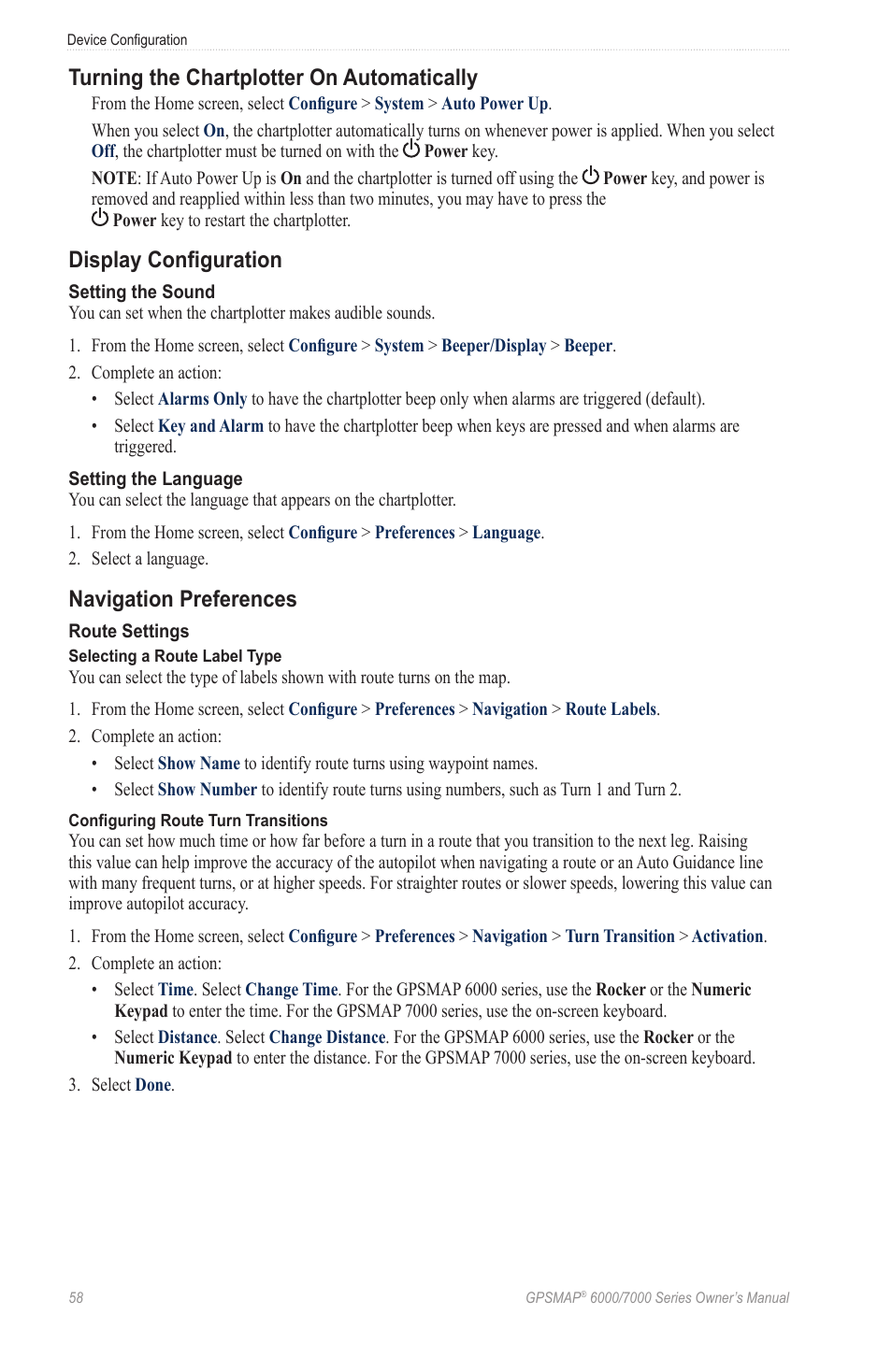 Turning the chartplotter on automatically, Display configuration, Navigation preferences | Garmin GPSMAP 7215 User Manual | Page 64 / 136