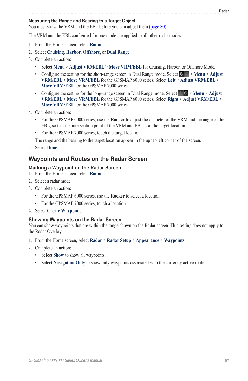 Waypoints and routes on the radar screen, Waypoints and routes on the radar, Screen | Garmin GPSMAP 7215 User Manual | Page 87 / 136