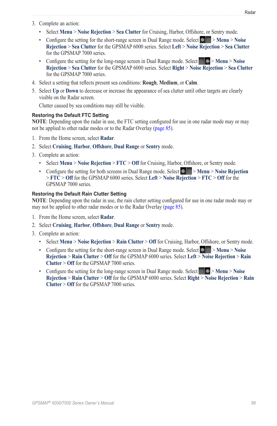 See “restoring the default rain clutter setting, See “restoring the default ftc setting | Garmin GPSMAP 7215 User Manual | Page 95 / 136