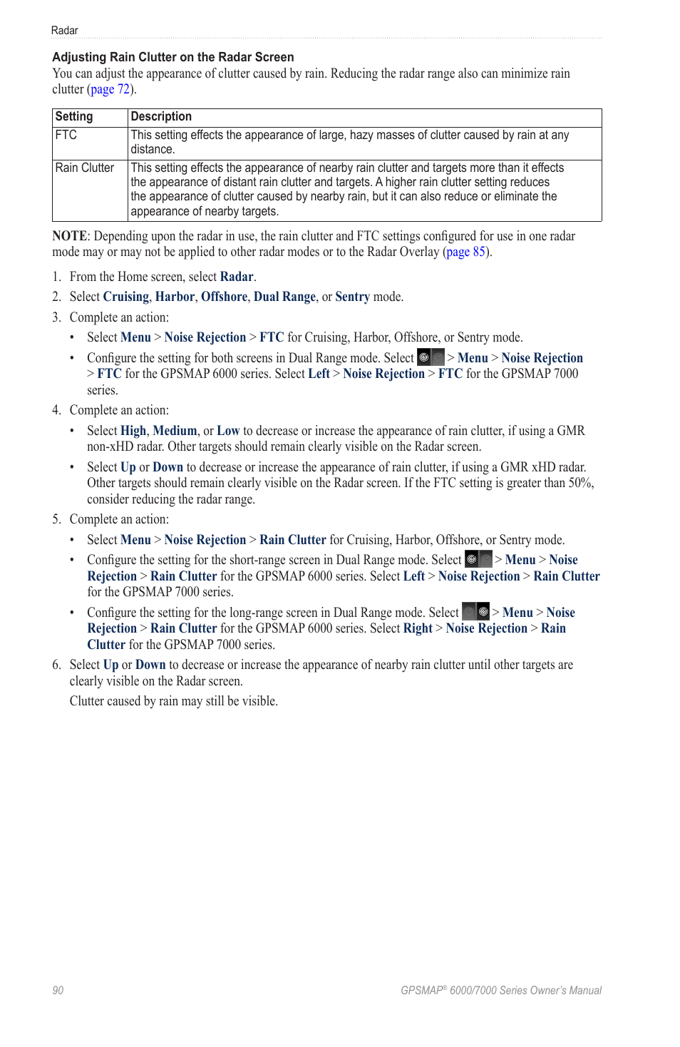 Adjust the rain clutter and ftc settings manually | Garmin GPSMAP 7215 User Manual | Page 96 / 136