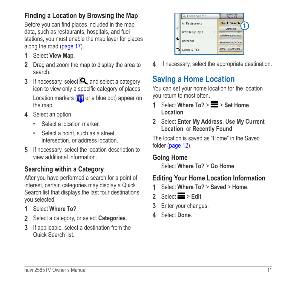 Saving a home location | Garmin nuvi 2585TV User Manual | Page 11 / 48