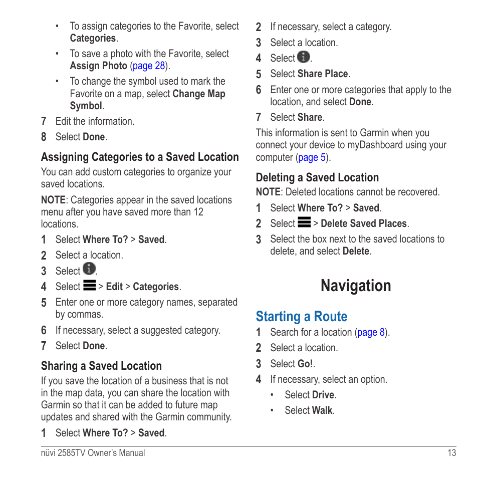 Navigation, Starting a route | Garmin nuvi 2585TV User Manual | Page 13 / 48