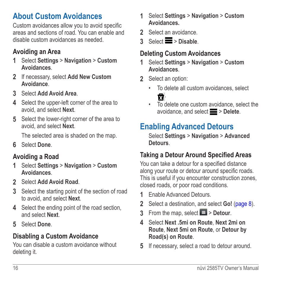 About custom avoidances, Enabling advanced detours | Garmin nuvi 2585TV User Manual | Page 16 / 48