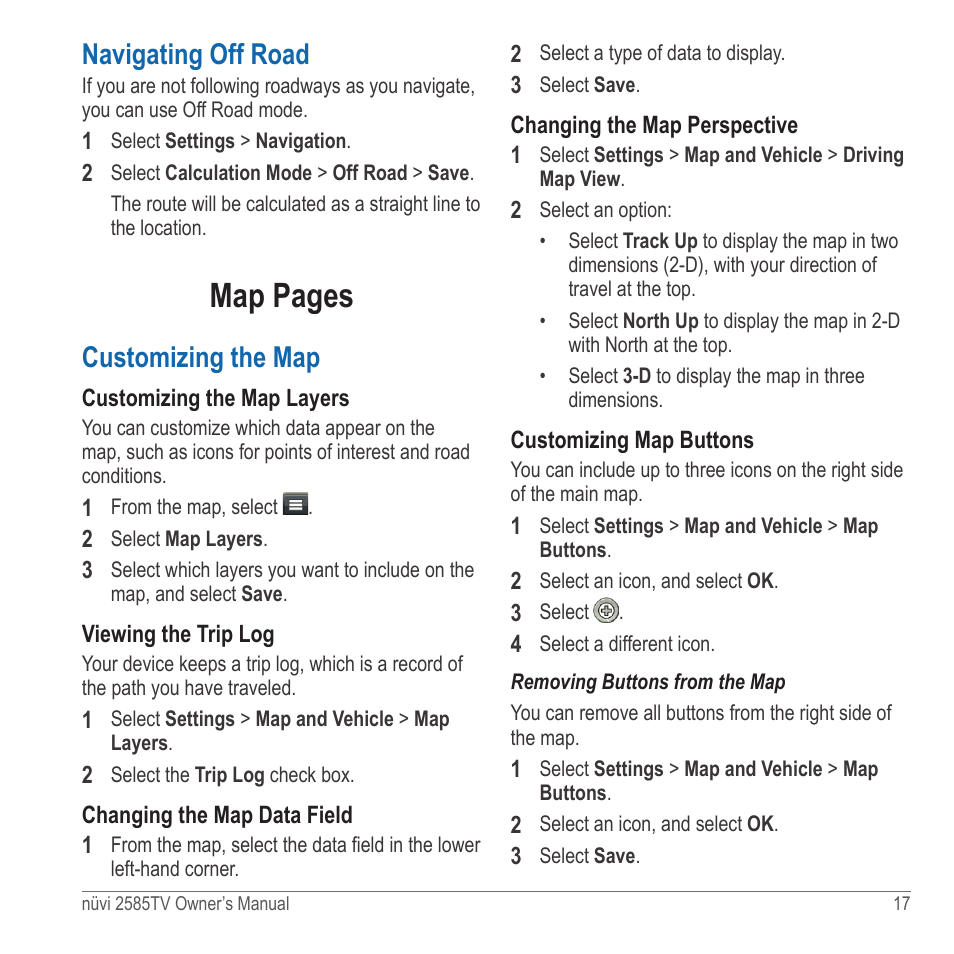 Navigating off road, Customizing the map, Along the road | Map pages | Garmin nuvi 2585TV User Manual | Page 17 / 48