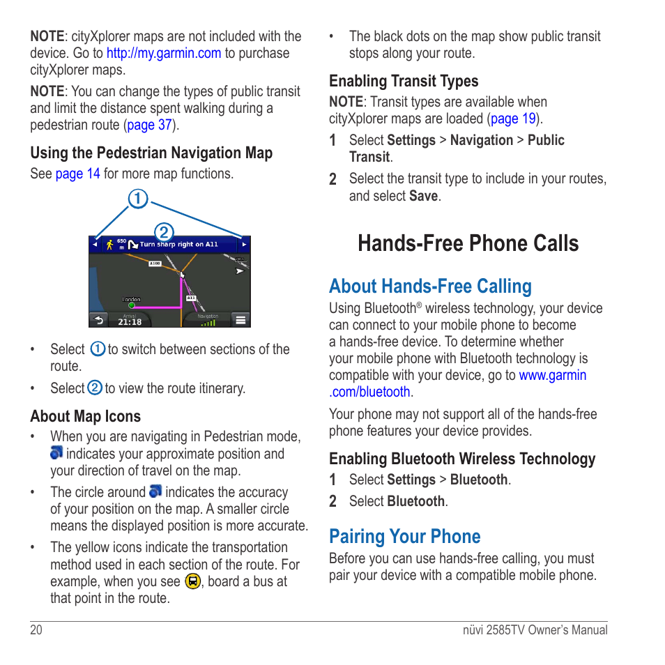 Hands-free phone calls, About hands-free calling, Pairing your phone | Garmin nuvi 2585TV User Manual | Page 20 / 48