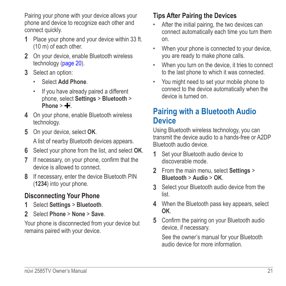 Pairing with a bluetooth audio device | Garmin nuvi 2585TV User Manual | Page 21 / 48