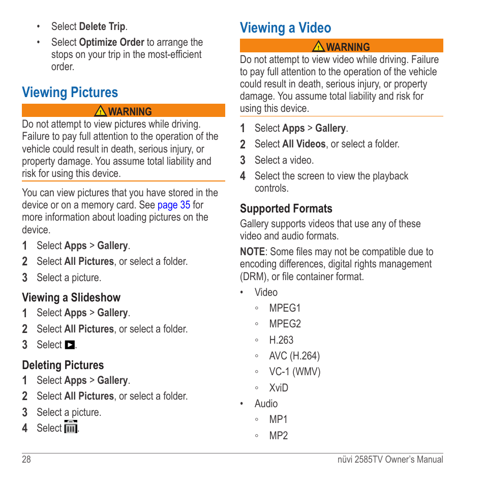 Viewing pictures, Viewing a video | Garmin nuvi 2585TV User Manual | Page 28 / 48