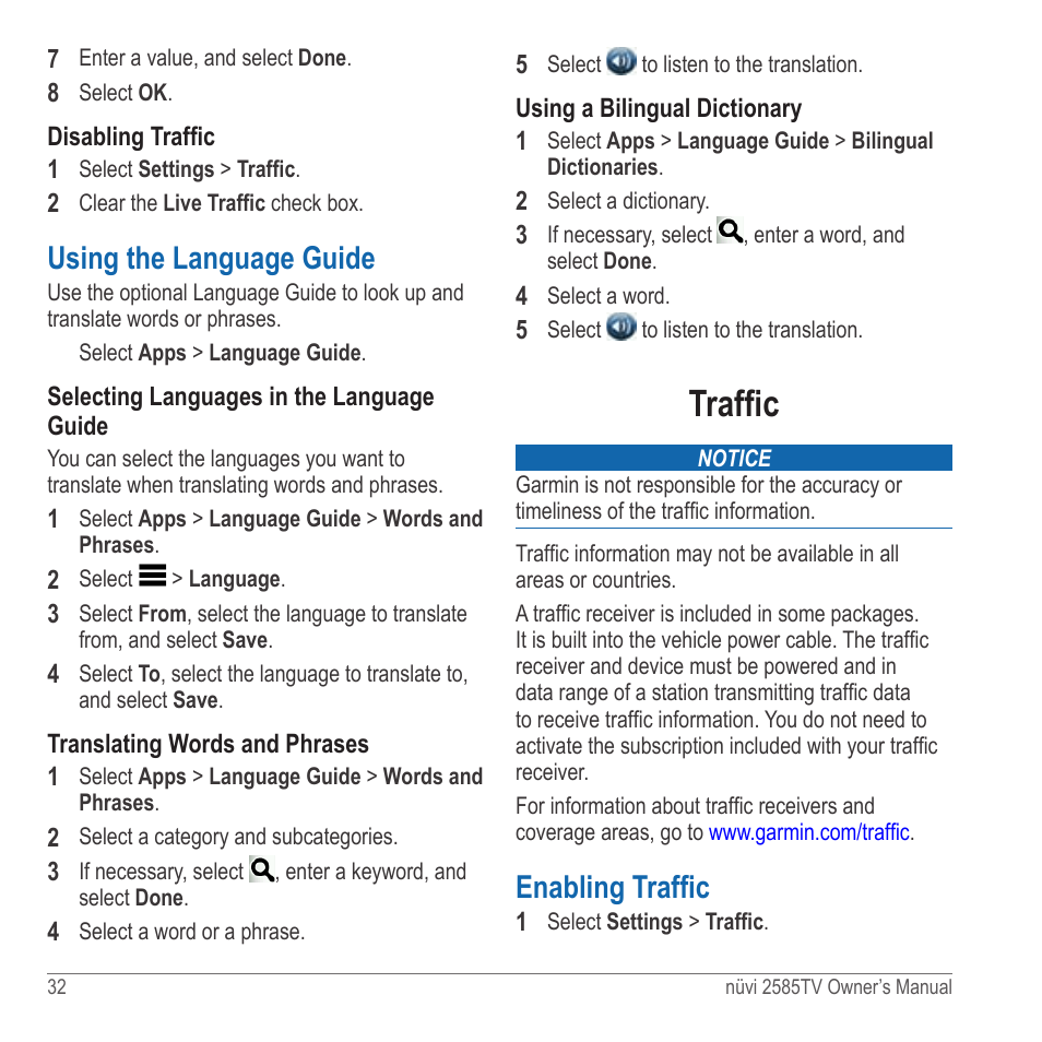 Using the language guide, Traffic, Enabling traffic | Garmin nuvi 2585TV User Manual | Page 32 / 48