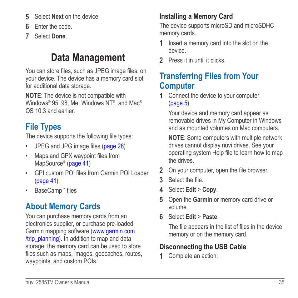 Data management, File types, About memory cards | Transferring files from your computer | Garmin nuvi 2585TV User Manual | Page 35 / 48