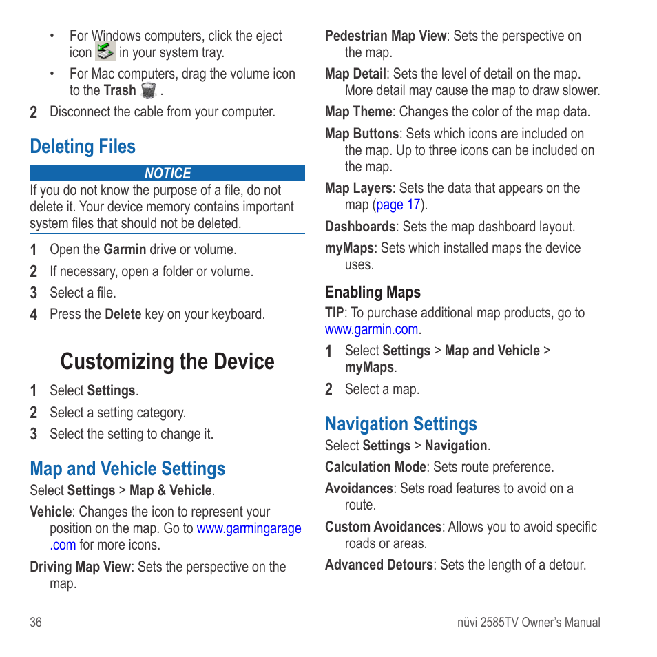 Deleting files, Customizing the device, Map and vehicle settings | Navigation settings | Garmin nuvi 2585TV User Manual | Page 36 / 48