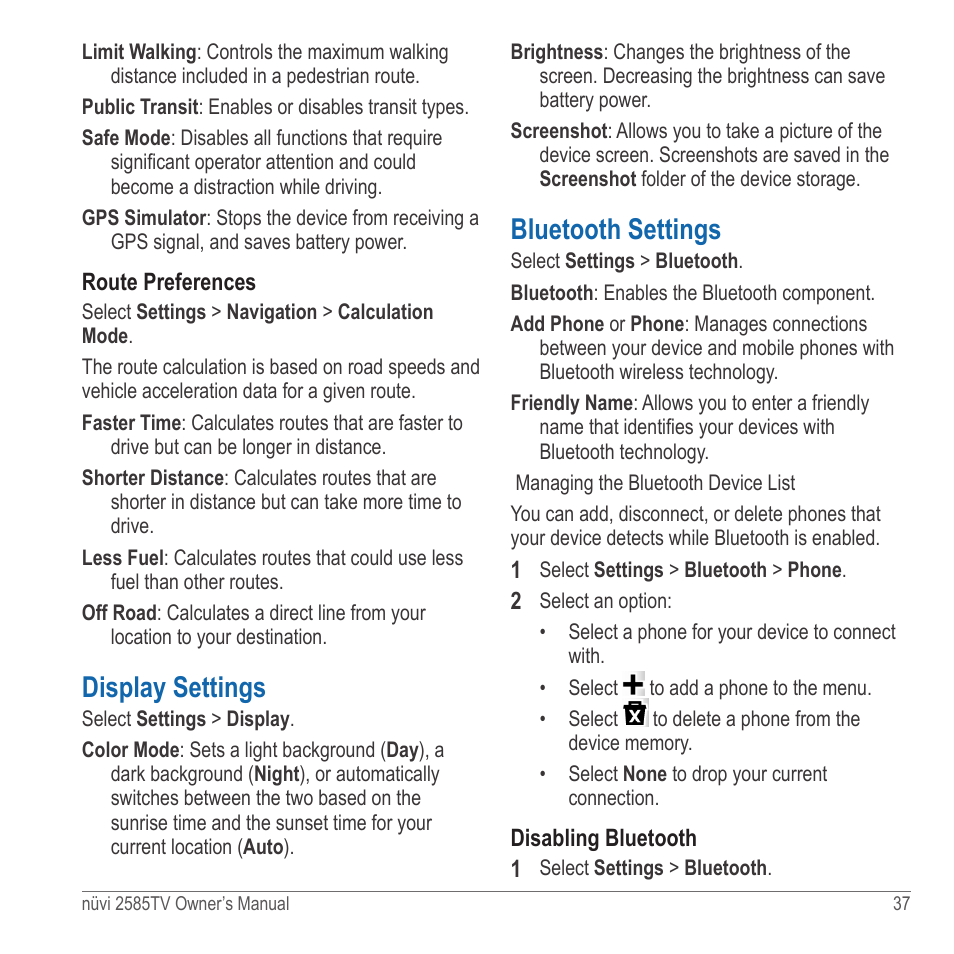 Display settings, Bluetooth settings | Garmin nuvi 2585TV User Manual | Page 37 / 48