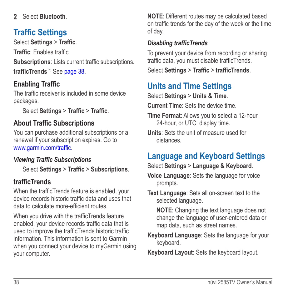 Traffic settings, Units and time settings, Language and keyboard settings | Garmin nuvi 2585TV User Manual | Page 38 / 48