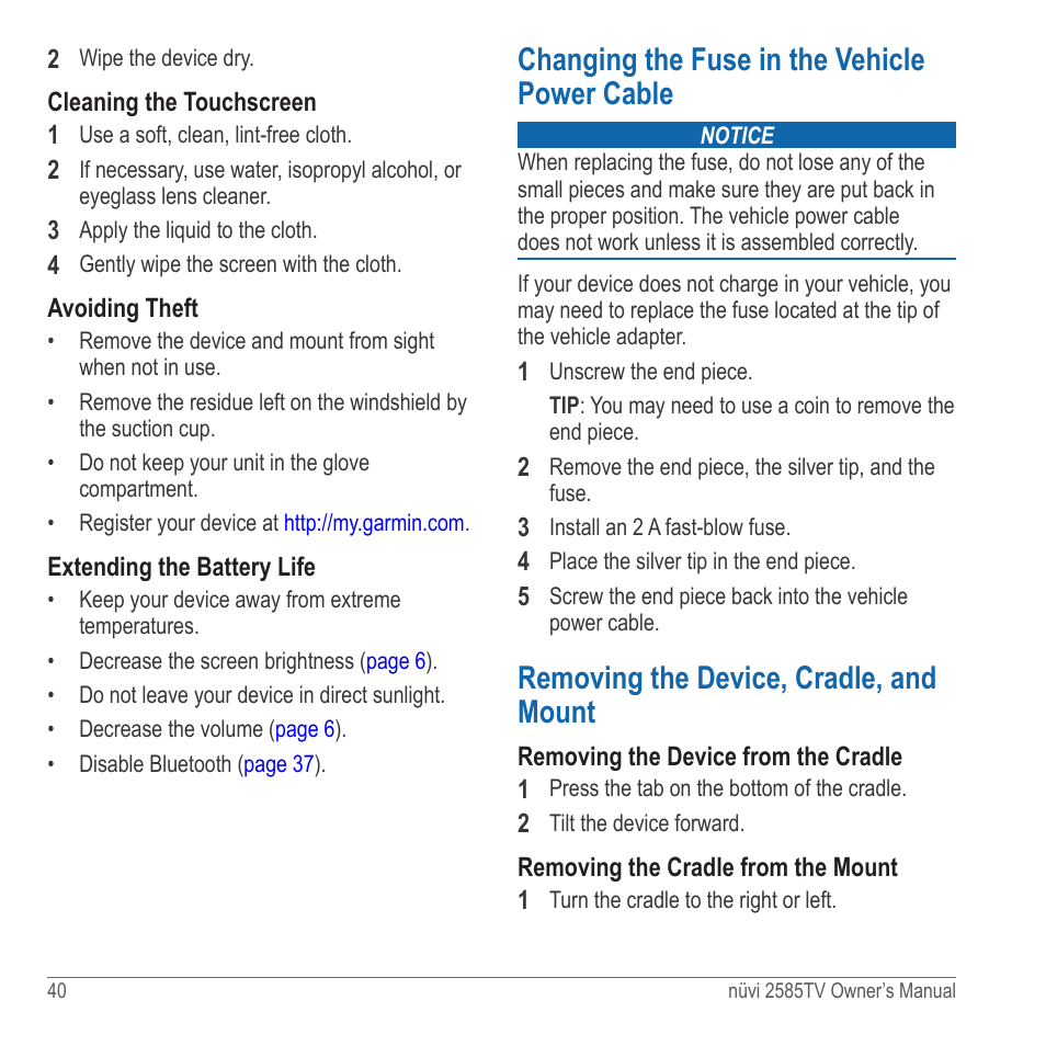 Changing the fuse in the vehicle power cable, Removing the device, cradle, and mount | Garmin nuvi 2585TV User Manual | Page 40 / 48